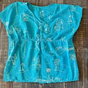 Produce Company 100% Cotton Top Blouse Shirt Blue Waffle Texture Size-1X